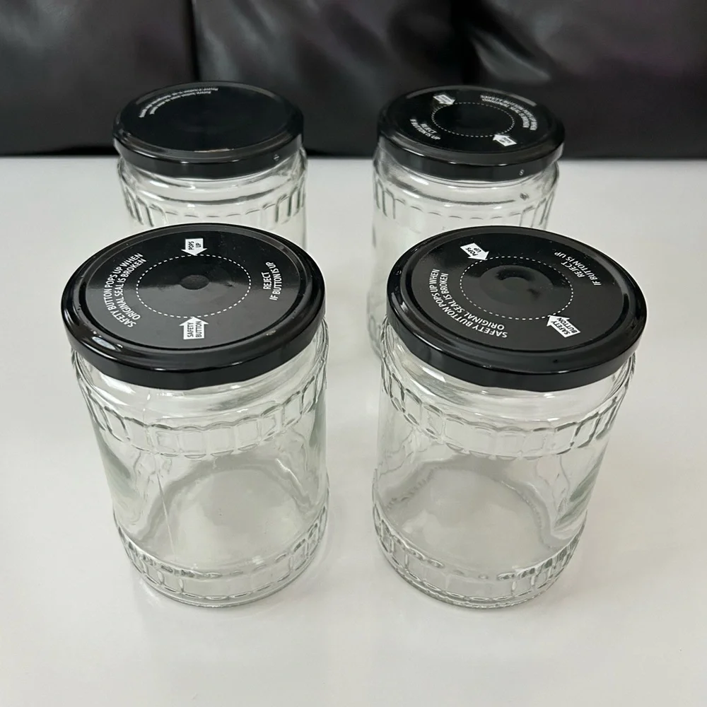 Lot of 4 Glass Jars + Black Metal Lid for Canning Crafts Storage Gifts